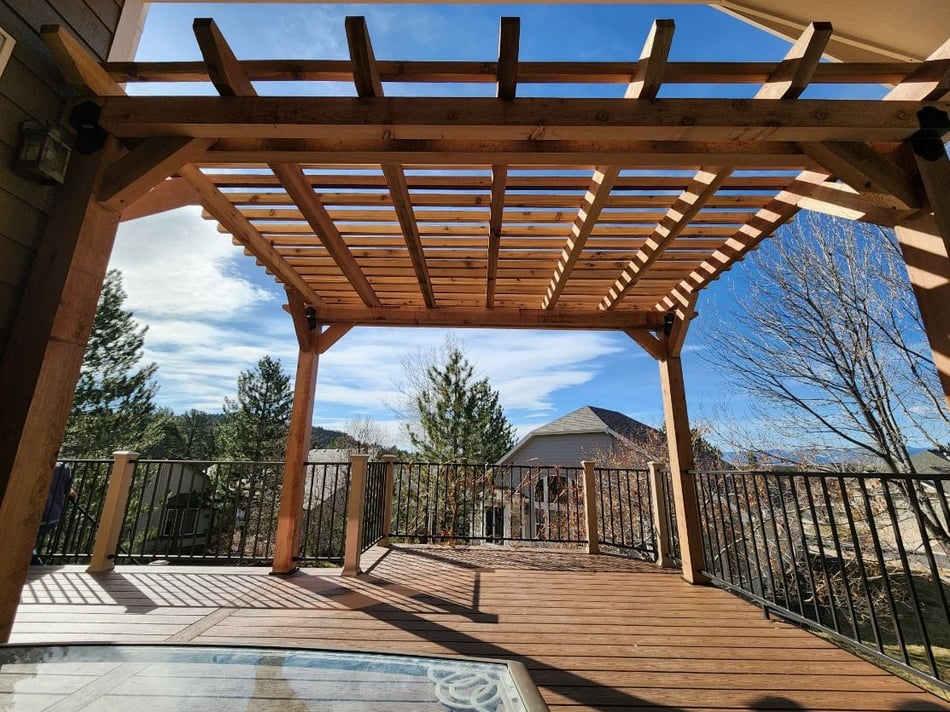 large cedar pergola on deck